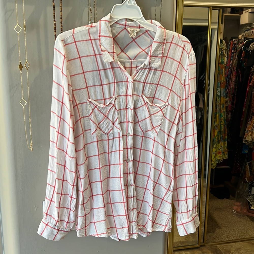 Harper white & pink windowpane button down blouse